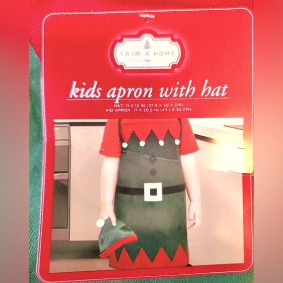 🎅🏻TRIM A HOME Kids Holiday Apron with Hat green and red size OS NWT - Picture 7 of 9